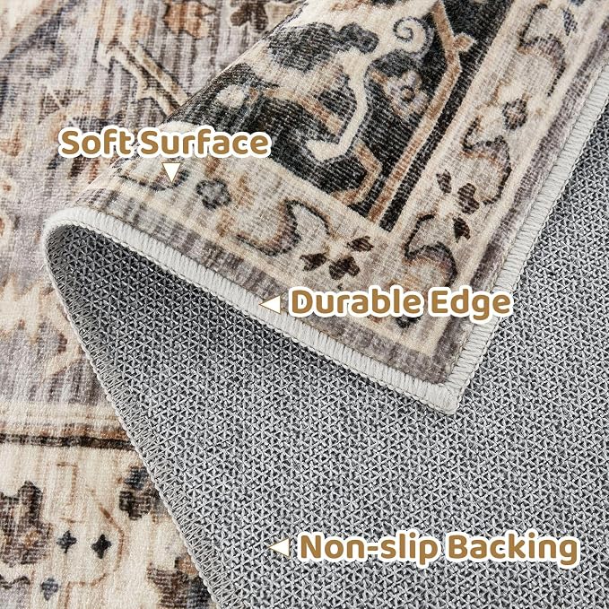 Area Rug for Living Room - 3x8 Soft Machine Washable Oriental Vintage Floral Distressed Large Indoor Floor Carpet for Bedroom Under Dining Table Home Office Decor - Brown