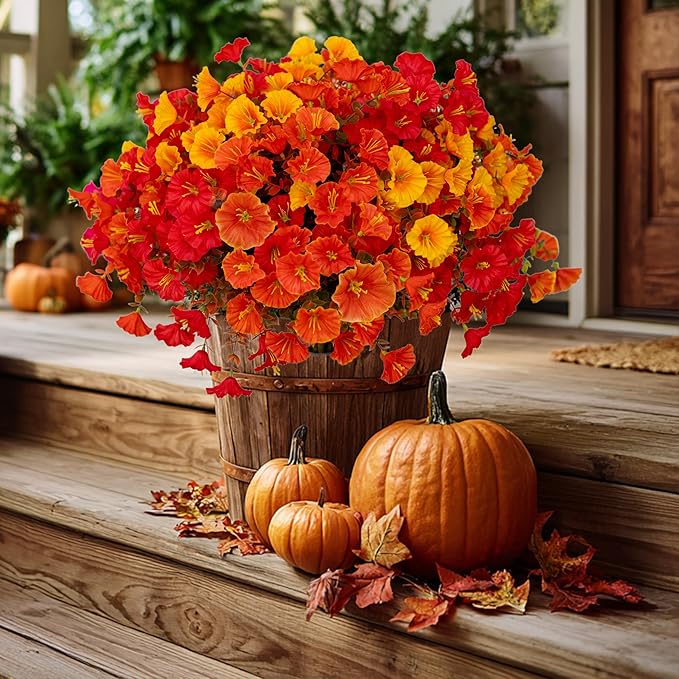 AXYLEX Artificial Fall Flowers Outdoor Fake Mums - 16 Bundles Fake Plants UV Resistant No Fade Faux Plastic Greenery Garden Morning Glory Home Decor (1, MixedFall 4 Colors)