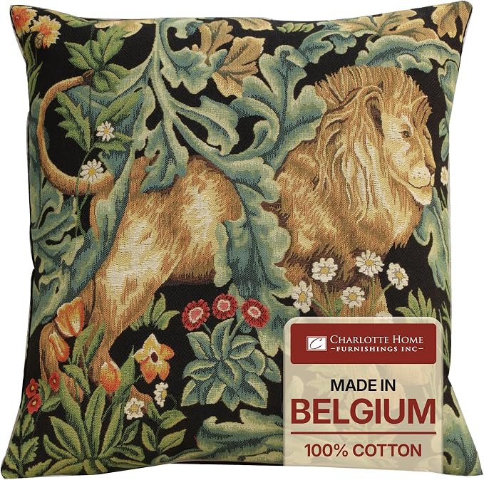Charlotte Home Furnishings Inc Black Lion Throw Pillow Covers 18x18, European 100% Cotton Jacquard Woven Fabric, Boho & Vintage Inspired Decorative Cushion for Living Room and Sofa