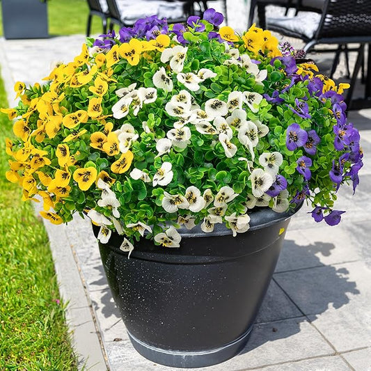 ColoPlay 12 Bundles Artificial Fake Pansy Flowers for Outdoor - Yellow, White & Purple Faux Pansies Flowers, Fake Flowers for Outdoor Planters, Porch, Garden, Window Boxes, and Home Decoration