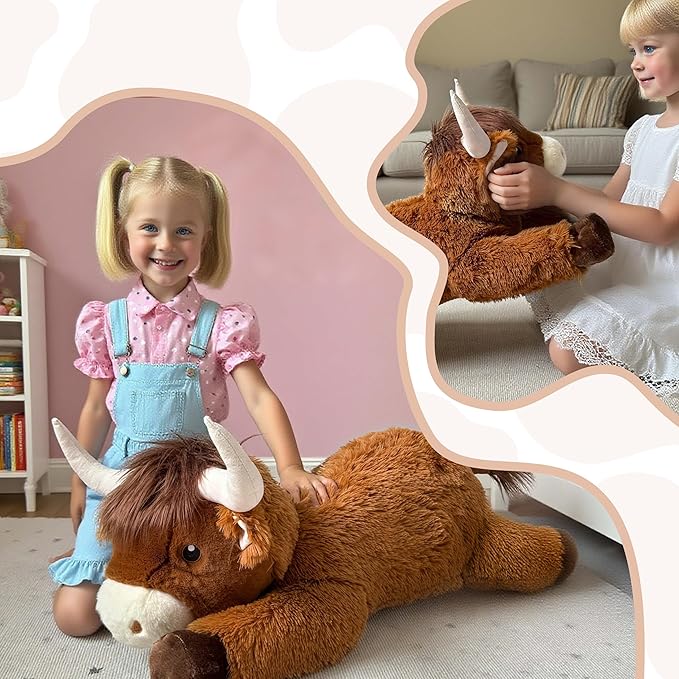 39 Inch Giant Highland Cow Stuffed Animal, Big Cattle Plushie Toy for Kids & Adults, Fluffy Large Size Stuffed Cow Hugging Pillow Gifts for Birthday Christmas