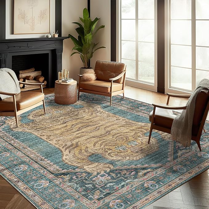 CHAMPLANT Washable Area Rug 8'x10' Retro Boho Design Non-Shedding Non-Slip Easy Care Ideal for High Traffic Areas in Living Room Bedroom Office Coffee Table Kitchen Large Carpet