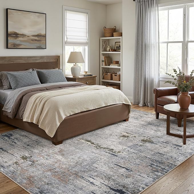 DMOYEST Area Rug Living Room Rugs - 10x14 Washable Large Soft Indoor Neutral Modern Abstract Low Pile Rug Carpet for Bedroom Dining Room Farmhouse Home Office - Blue/Grey/Brown