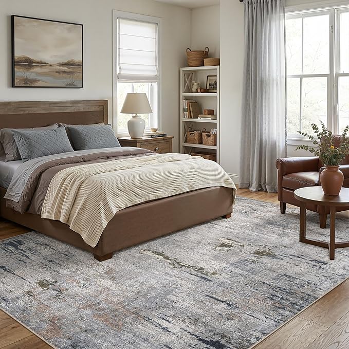 DMOYEST Area Rug Living Room Rugs - 5x7 Washable Large Soft Indoor Neutral Modern Abstract Low Pile Rug Carpet for Bedroom Dining Room Farmhouse Home Office - Blue/Grey/Brown