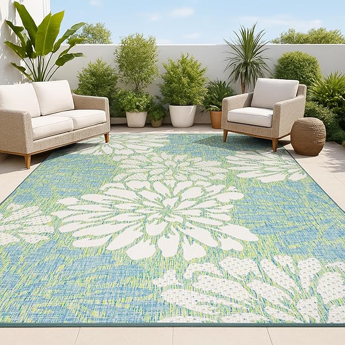 JONATHAN Y Floral Textured Weave Indoor Outdoor Area Rug 4X6 Cream/Green, Zinnia Modern for Backyard, Patio, Porch, Easy-Cleaning, High Traffic, Pet-Friendly, Non-Shedding (SMB110D-4)