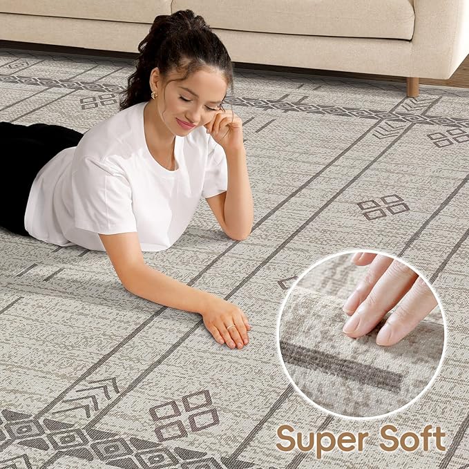 cotiled 5x7 Area Rug Living Room: Washable Boho Rugs with Non Slip Backing Large Soft Indoor Stain Resistant Carpet for Bedroom Farmhouse Dining Room Lightweight Home Decor Grey Brown