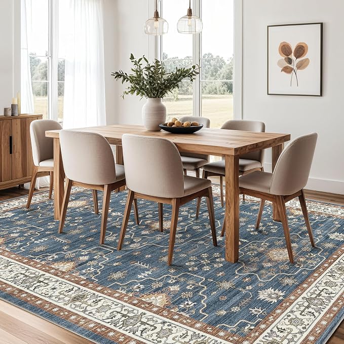 7x9 Area Rug for Living Room- Machine Washable Soft Oriental Vintage Large Indoor Floor Carpet for Bedroom Under Dining Table Home Office Decor - Dark Blue