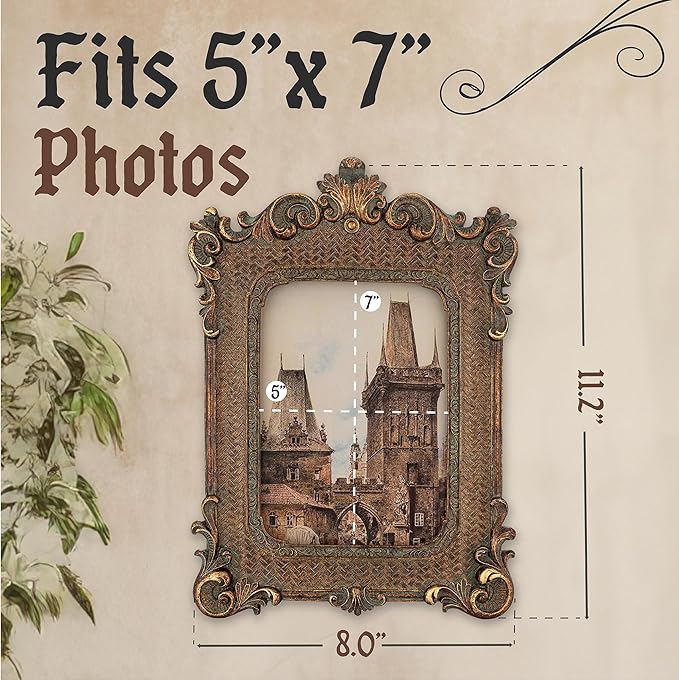 5x7 Picture Frame - Gothic Vintage European Design, Antique Baroque Style Photo Frame for Wall Hanging, Tabletop Display, and Home Decor (Bronze)