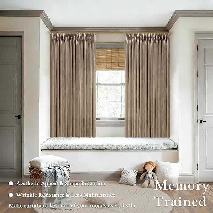 Latte Memory Trained Linen Blend Curtains 63 Inch Length Light Taupe Country Semi Sheer Privacy Pleated Drapes with Track Syetem 50 Inch Wide Back Tab Burlap Curtain 2 Panels for Dining Room Bedroom