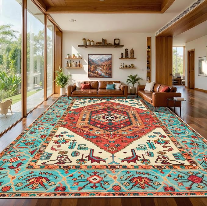 SERISSA 10x12 Area Rugs for Living Room, Large Washable Non-Slip Boho Rug, Ultra Soft Vintage Oriental Orange Print Distressed Carpet for Dining Room Bedroom Office Home Decor