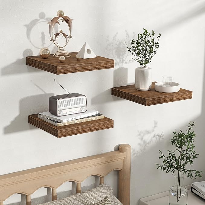 Fun Memories Rustic Wood Floating Shelves for Wall, Space-Saving Wall Mounted Shelves for Bathroom, Bedroom, Living Room and Kitchen, Stylish Storage & Display (Set of 3, Walnut, 12 in)