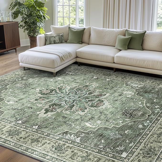 RELEANY Area Rugs 7'x10' Washable Non-Slip, Floral Vintage Distress Print Pattern Medallion Carpet for Living Room Bedroom Dining Room, Dark Green Gray
