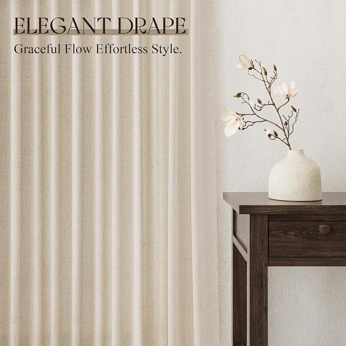 Jowels Cream Linen Curtains 90 Inch Long 2 Panels for Living Room | Beige Flax Light Filtering Sheer Curtain,Back Tab Pocket Pleated Look,Farmhouse Textured Privacy Drapes for Bedroom Window