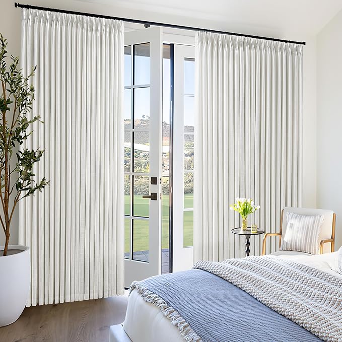 Pinch Pleated Extra Wide Linen Curtains 108 Inches Long for Patio Sliding Glass Door Beige White 100 Inch Wide Pleated Drapes with Hooks Rings Neutral Semi Sheer 100x108 Curtain for Living Room