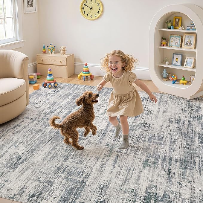 UERMEI 10x14 Washable Area Rug for Living Room: Modern Neutral Abstract Large Soft Low Pile Carpet Non-Slip Pet Kids Friendly Indoor Decor for Bedroom Dining Room Home Office Nursery Gray