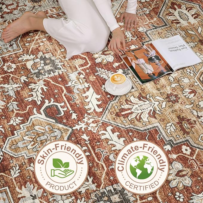 9x12 Area Rug Living Room: Machine Washable Boho Large Vintage Soft Rugs Stain Resistant Farmhouse Oriental Non Slip Indoor Floor Carpet for Bedroom Nursery Kids Playroom Office Dining Room- Red Brown