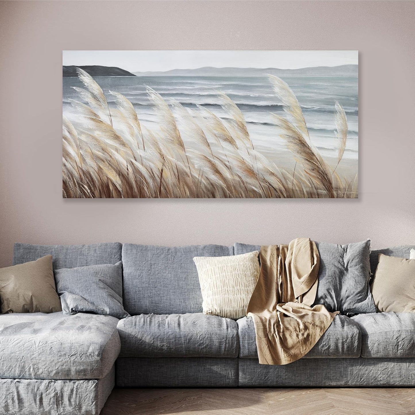 Plant Wall Art Nature Wall Art Reed Seascape Canvas Painting Wall Decor Framed Artwork for Bedroom Living Room Decoration Home Kitchen Office 24"x48"