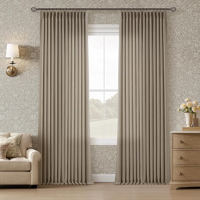 92 Inch Dark Flax Pinch Pleated Linen Curtains 2 Panels for Living Room Bedroom Luxury Modern Pinch Pleat with Hooks Rings Back Tab Light Filtering Semi Sheer Brown Pleated Drapes 92 Inch Length