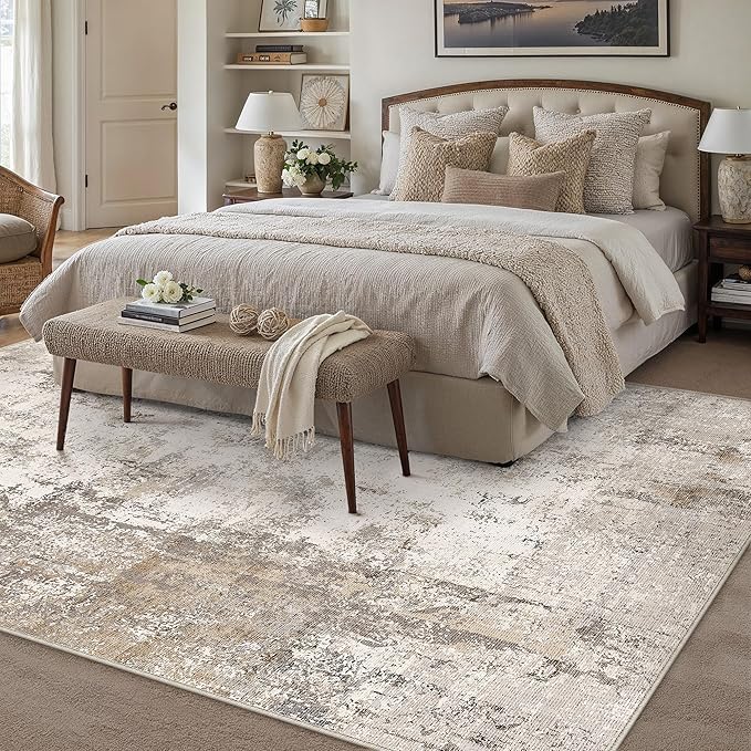 5x7 Washable Area Rug Brown Grey Abstract Non Slip Soft Low Pile Rug for Living Room Bedroom Dining Room Office Neutral Modern Indoor Throw Carpet for Home Decor