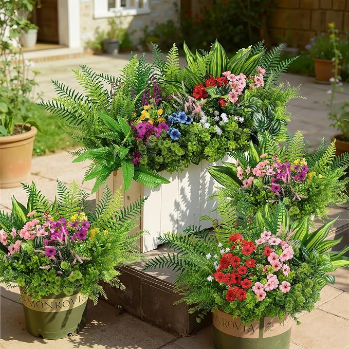 Alupssuc 24Pcs Artificial Flowers and Plants,UV Resistant & No Fade Fake Plastic Greenery Shrubs for Home Garden, Pathway, Front Porch-Spring Summer Decor, Indoor/Outdoor Use,Red Purple Pink Blue