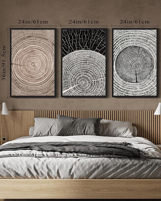 PHOPAGO Vintage Wood Tree Rings Wall Art Large 24x36in Farmhouse Rustic Framed Canvas Paintings Living Room Bedroom Decor Nature Artwork Black Framed