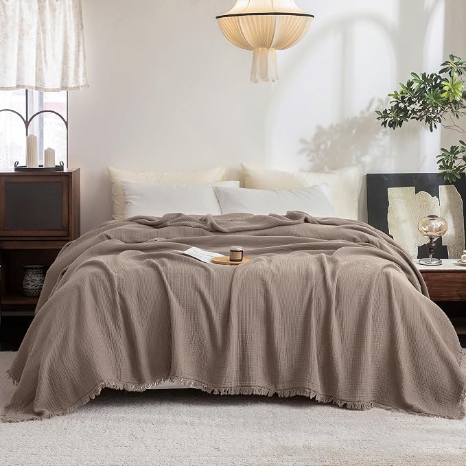 FOSSA Muslin Blanket 4-Layer 100% Cotton Gauze Blanket with Fringe 90"x90" | Super Soft Breathable Lightweight All Season & Decorative Blanket or Bed, Sofa, Office (Pale Brown, Queen )