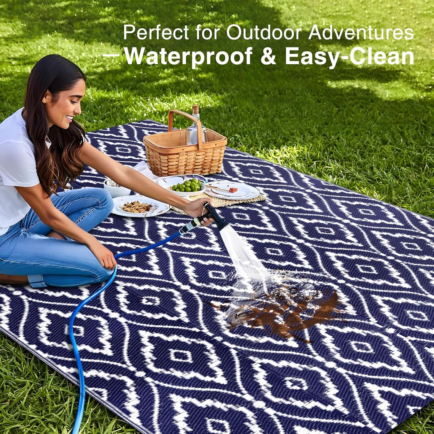 OLANLY Outdoor Rug 5x8 ft Waterproof, Outdoor Plastic Straw Rug with Geometric Pattern Clearance, Reversible RV Mat for Patio, Camping, Balcony, Deck, Backyard, Navy & White