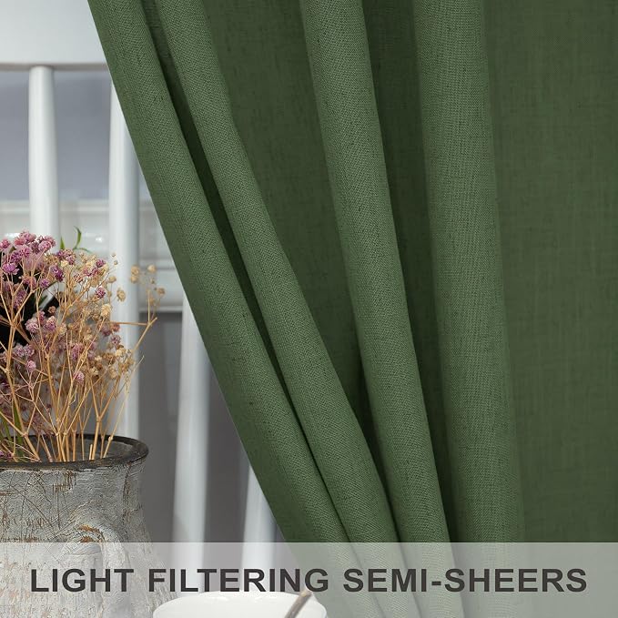 Pitalk Olive Green Curtains 96 Inches 8 FT Long for Living Room 2 Panels Back Tab Pocket Drape Thick Sheer Linen Cotton Modern Rustic Trendy Earthy Army Moss Green Curtain for Bedroom Farm House Decor