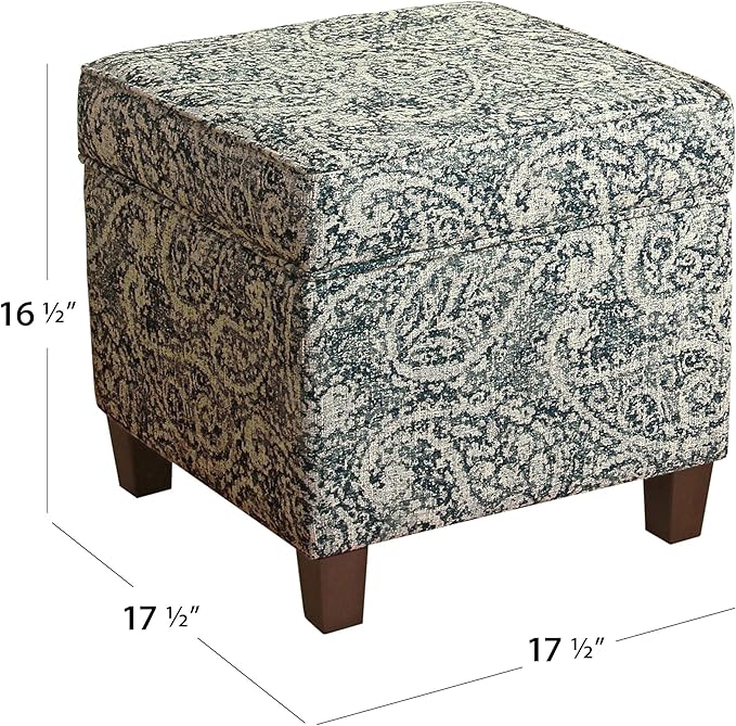 Homepop Home Décor|K7342-F2214|Classic Square Storage Ottoman with Lift Off Lid | Ottoman with Storage for Living Room & Bedroom, Gray Paisley Blue