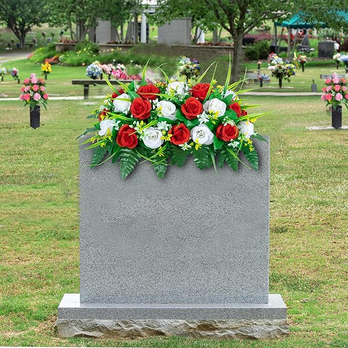 DONODA Cemetery Tombstone Flower Saddle - Outdoor Grave Decorations - Non-Bleed Colors, Rose Combination Flower (Red and White Saddle)