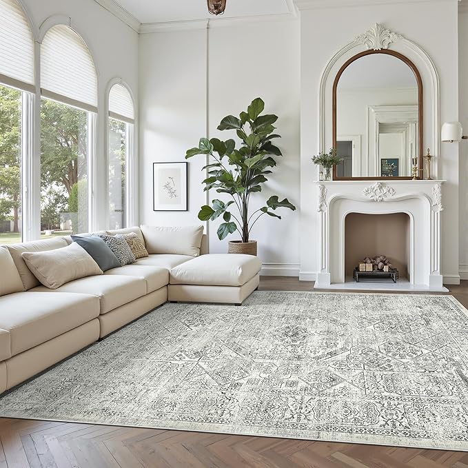 Soalmost Washable Area Rug 8x10, Gray Soft Rug for Living Room Vintage 8x10 Area Rugs for Bedroom Dining Room Floral Non-Slip Thin Grey Rug