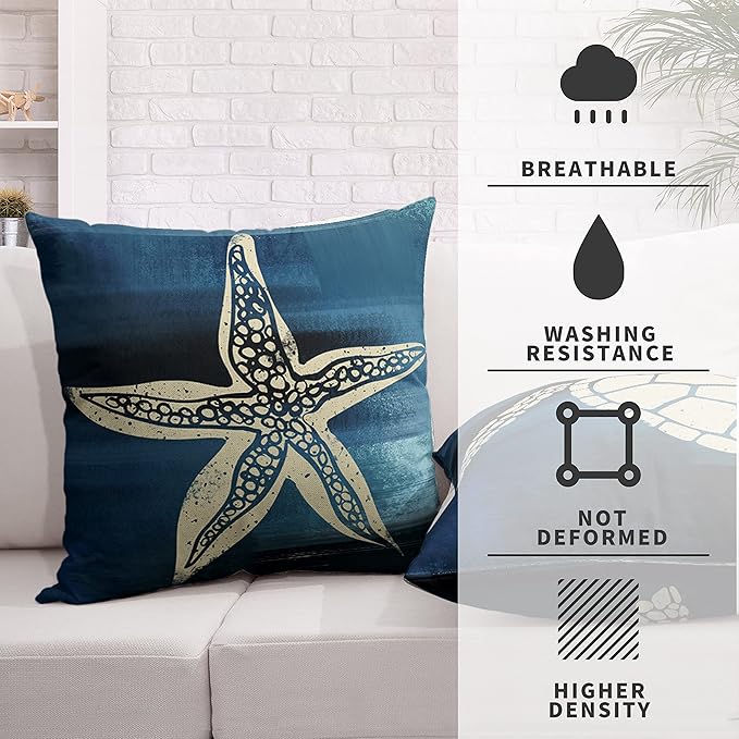 2 Pack Beach Theme Pillow Covers 16x16 Coastal Nautical Decorative Pillow Covers Starfish Sea Turtle Print Linen Square Pillow Case for Living Room Car Outdoor, Blue