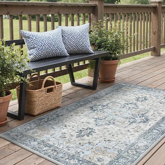 GENIMO Outdoor & Indoor Area Rug 2'x 3', Waterproof, Non-Shedding, Easy Cleaning, Boho Mat for Patio, Living Room, Balcony, Dining Room, RV, Deck, Bedroom, Camping, Outside Carpet,Blue