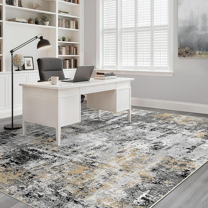5x8 Area Rug Living Room: Washable Large Abstract Neutral Modern Soft Rug Stain Resistant Indoor Floor Non-Slip Accent Carpet for Bedroom Nursery Playroom Dining Room Office Dorm Home- Black Gold