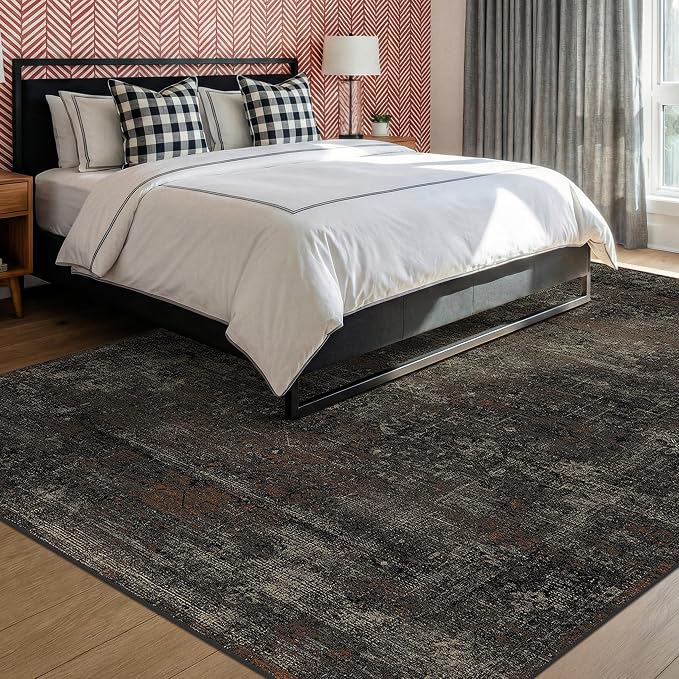 TALANOVA Black Farmhouse Washable 8x10 Area Rugs for Living Room, Dark Charcoal Volcanic Textured Large Rug for Bedroom, Non-Slip Stain Resistant for Dining Room Office Décor