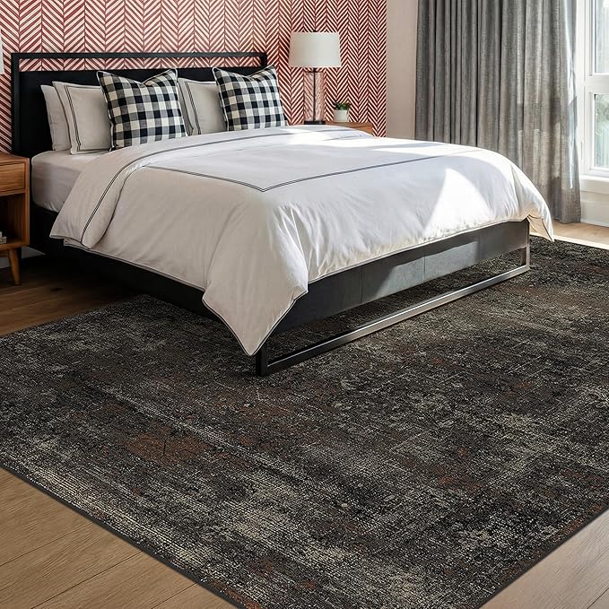 TALANOVA Modern Farmhouse Black Washable 9x12 Area Rug for Living Room & Dining Room, Abstract Non Slip Low Pile Rug for Bedroom, Dark Charcoal Stain Resistant Large Décor