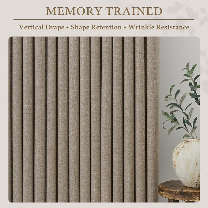 Pinch Pleat Dark Flax Curtains 86 Inch Long for Living Room Patio Sliding Door Thick Linen Pleated Drape Back Tab Hooks Rings Semi Sheer Light Filtering Brown Curtains for Ceiling Floor Bedroom