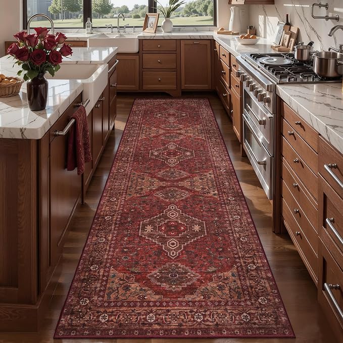 Tangsoo Red 3x8 Washable Runner Rug for Hallways, Non Slip Vintage Runner Rug, Oriental Soft Low Pile Long Rug Runner, Print Carpet Runners for Kitchen Bedroom Entryway Bedside Bathroom Living Room