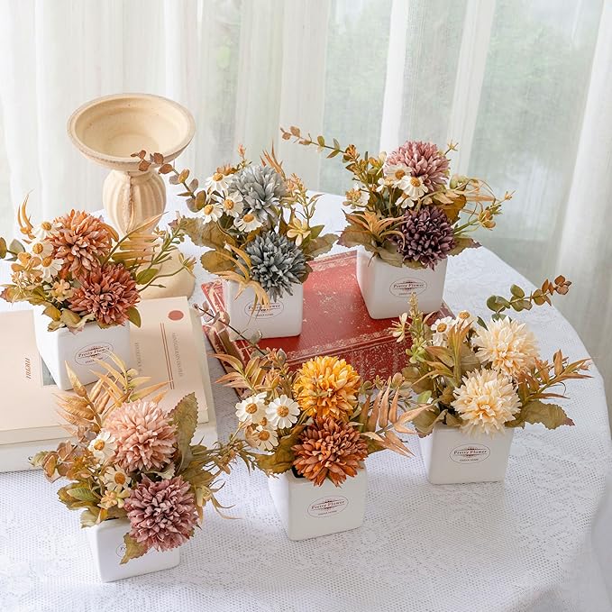 6PCS Artificial Fall Flowers with Ceramic Vases – Multicolor Small Fake Chrysanthemums & Daisies with Pot for Autumn Home Decor – Table Centerpieces for Kitchen, Mantel, Entryway or Tiered Tray