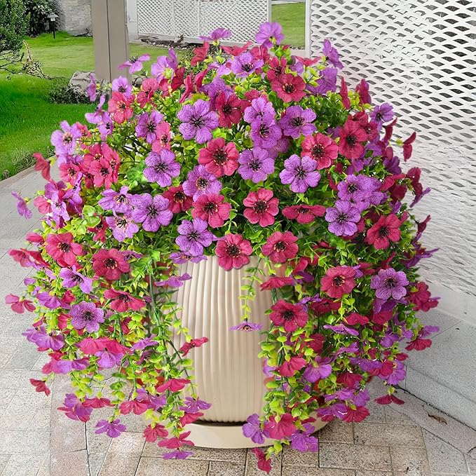 Artificial Fake Hanging Flowers Plants for Outdoor Spring Summer Decoration, 2PCS Faux Daisy Silk Plant Outside No Fade UV Resistant Realistic Home Decor for Porch Patio Window Box (Mix purple)