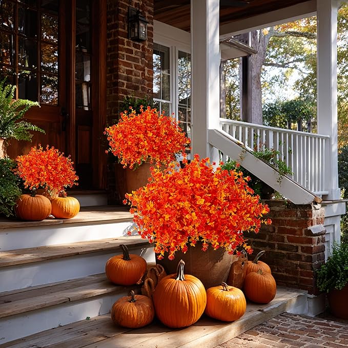 AXYLEX Artificial Fall Flowers Outdoor Fake Mums - 12 Bundles Fake Plants UV Resistant No Fade Faux Plastic Greenery Garden Porch Patio Fall Home Decor (OrangeYellow)