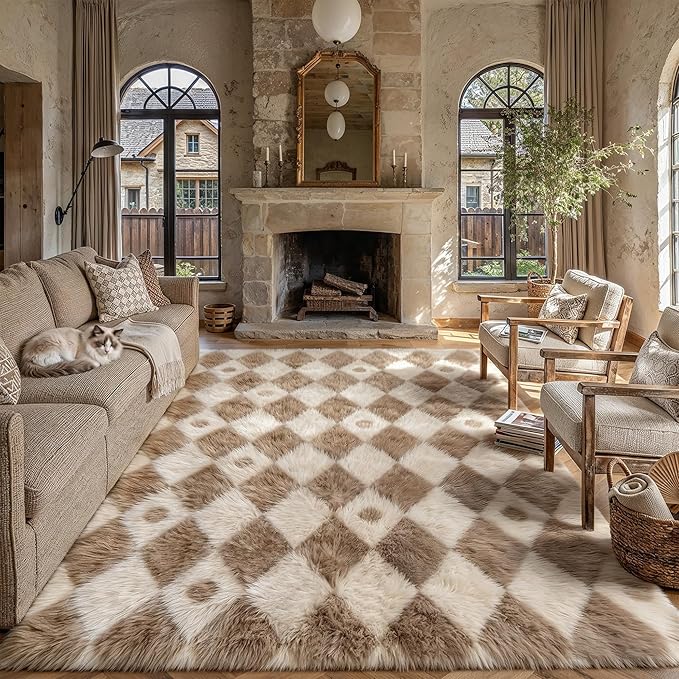 PureCozy Brown 6x9 Area Rug for Living Room Washable Non Slip Neutral Soft Bedroom Checkered Carpet Colorful Fluffy Modern Shag Fuzzy Indoor Large Aesthetic Bedroom Home Office Playroom Nursery
