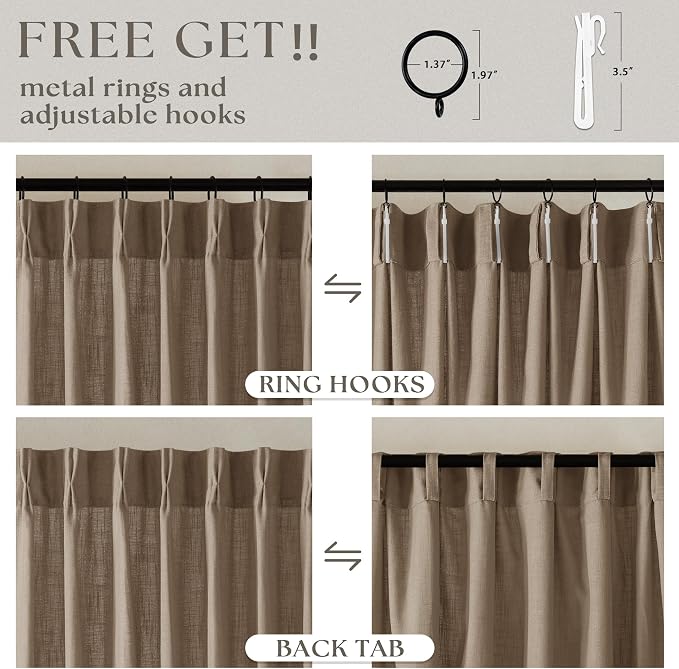 TWODRAPES Farmhouse Tan Brown Linen Curtains 102 Inches Long Living Room Pinch Pleated Drape with Hooks Rings for Track System Light Filtering 102 Inch Curtain for Bedroom Sliding Patio Door 2 Panels