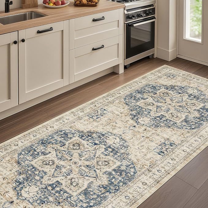 Tortania Area Rug 3x8 Runner Rugs - Washable Vintage Oriental Farmhouse Thin Indoor Carpet for Living Room Bedroom Hallway Entryway Kitchen Under Dining Table Home Office - Cream/Blue