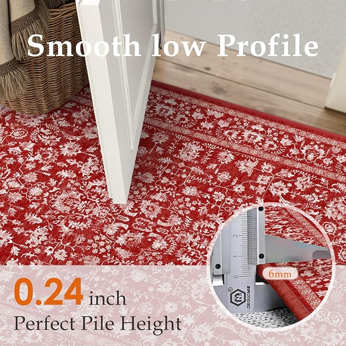 PureCozy Red Runner Rug 2x6 Washable Hallway Carpet Retro Vintage Distressed Floral Holiday Decorative Non Slip Low Pile Soft Throw Long Rug for Kitchen Bedroom Bathroom