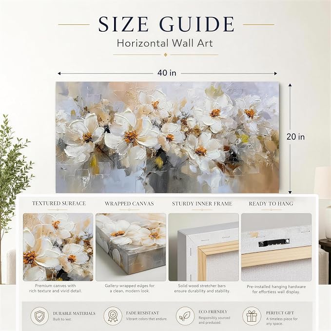 Acocifi Canvas Painting Vintage White Floral Wall Art 40"x20" | textured Flowers picture artwork for wall, beige grey abstract botanical, living room bedroom hallway office home decoration