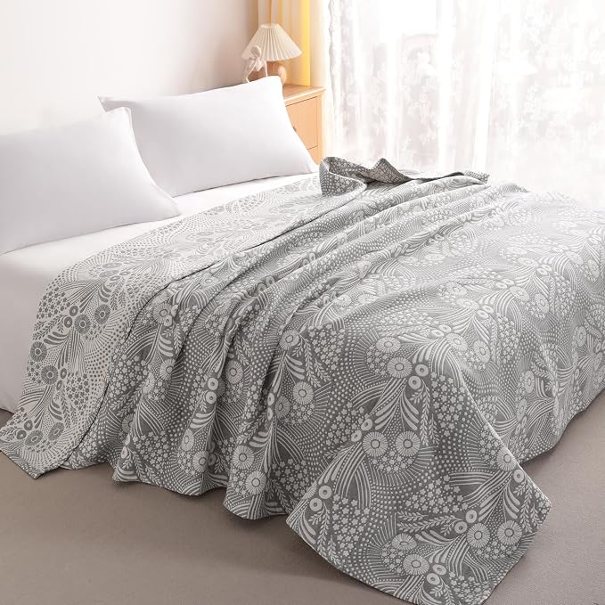 NTBAY 3 Layers Cotton Muslin 68x92 Twin Bed Blanket, Super Soft Breathable Thermal Yarn Dyed Quilt for Adults, Perfect Lightweight Blanket for Couch Sofa Bed All Seasons, Grey Star and Wheat