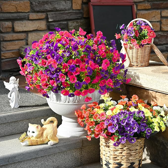 Waipfaru 24 Bundles Artificial Flowers for Outdoors Faux Plants Outdoor, UV Resistant Artificial Plants Outdoor, Silk Petunias Fake Flowers for Outside Home Decor Planter Porch Decoration, Mix Color