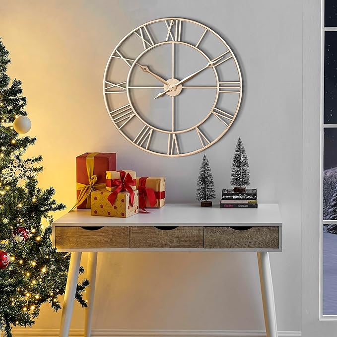 CLXEAST Champagne Gold 30 Inch Wall Clock,Large Modern Metal Roman Numeral Wall Clocks Living Room Decor,House Warming Gifts New Home