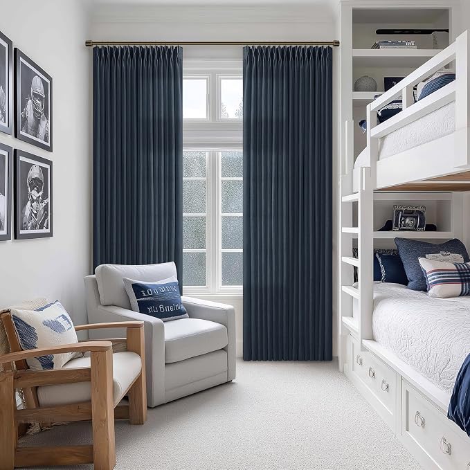 TWODRAPES Navy Pinch Pleated Linen Curtains 2 Panels Set for Living Room Bedroom Boho Farmhouse Memory Training Semi Sheer Light Filtering Window Drapes with Hooks & Rings for Dining Room 50x86